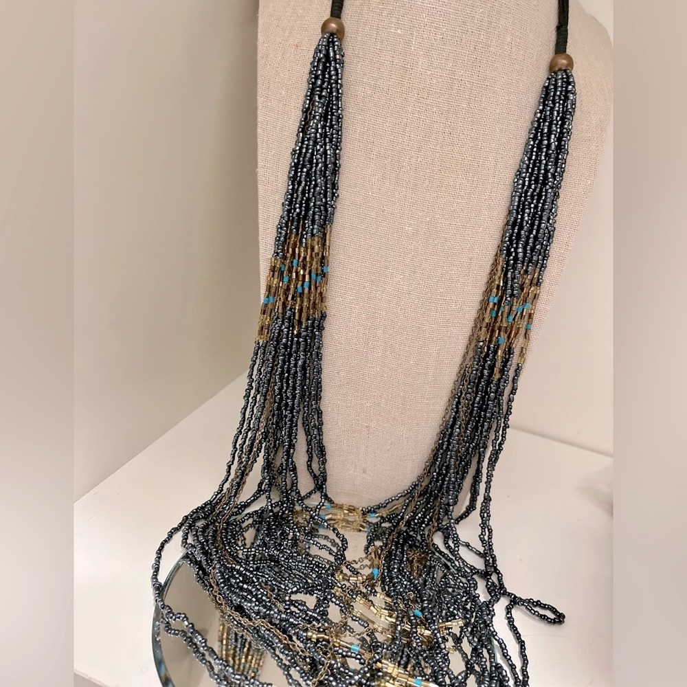 N249 Maasai African Bead Waterfall Necklace in turquoise, blues, greens, gold…